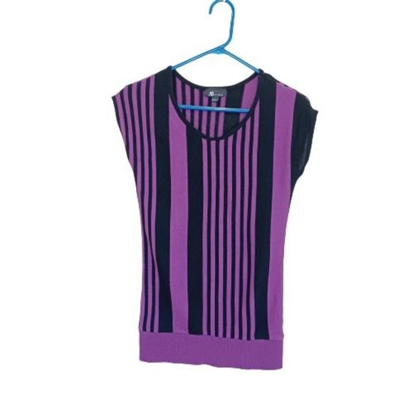 AB Studio Top Womens Large Black-Purple Sleeveless Knit Blouse Striped Crew Neck - Picture 10 of 11